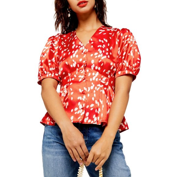 2 Piece Set TopShop Dalmatian Spot Pleated V-Neck Puff Sleeve Blouse Mini Skirt - Picture 2 of 13